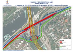 ИЗМЕНЕ РЕЖИМA САОБРАЋАЈА ЗБОГ РАДОВА У ЗОНИ „МОСТА НА АДИ“ ОД НЕДЕЉЕ, 16.06 у 20.00 до НЕДЕЉЕ, 14.07.2013. године у 20.00 часова